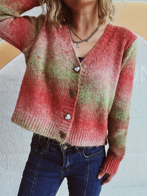 Ombre knit cardigan with heart buttons and V-neck.