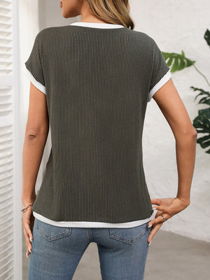 Army green ribbed knit tee with white contrast piping detail and short sleeves.