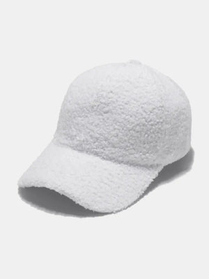White textured sherpa baseball cap with adjustable strap