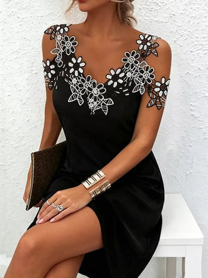 Lace Floral Trim Cold Shoulder Mini Dress in Black, side view