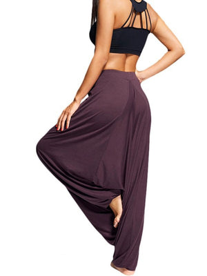 Plum drape-front harem pants with drawstring detail and wide leg