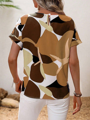 Women's abstract floral print tee in brown, camel, and black with short sleeves and a keyhole back detail.