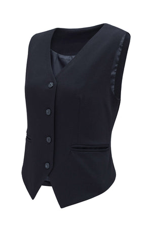 Black tailored V-neck button-down vest with four buttons and a pocket.