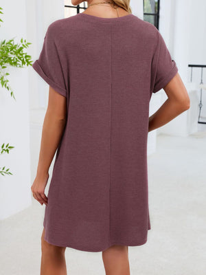 Mauve waffle knit t-shirt dress with cuffed short sleeves and above-knee length