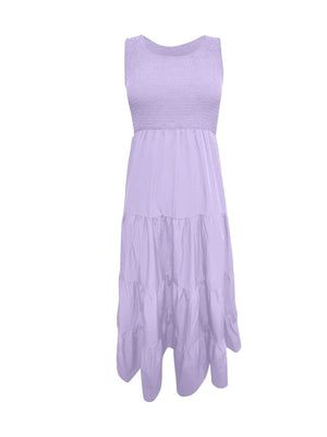 Lavender smocked bodice ruffled maxi dress with tiered skirt