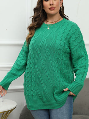 Green cable knit sweater with diamond stitch pattern and crew neck.