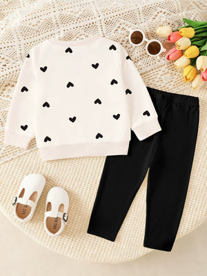 Baby heart print top and black ribbed pants set