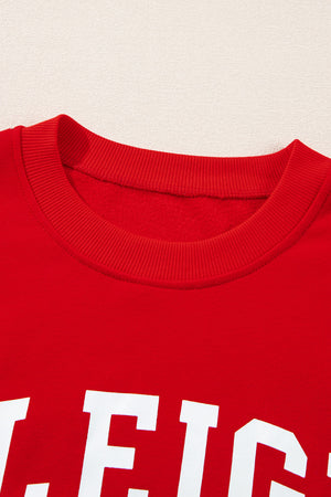 Red cotton crewneck sweatshirt with white "Sleigh" graphic detail.