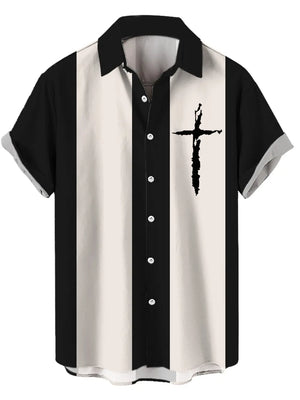 Button-up shirt with black and cream vertical stripes and a black cross graphic on the chest.