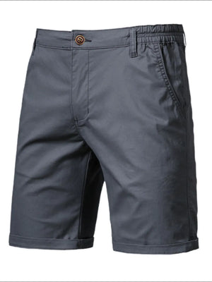 Gray relaxed-fit chino shorts with elastic waist and cuffed hem
