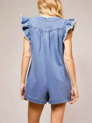 Denim romper with ruffled cap sleeves and frayed edges.