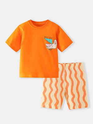 Orange cotton toddler t-shirt with bird graphic and striped shorts.