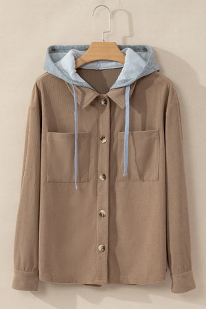 Mocha corduroy shirt jacket with contrast gray hood and button front.