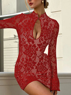 Scarlet lace mini dress with cut-out neckline and bell sleeves