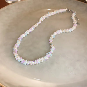 Pastel petal chain necklace with pink and purple beads and silver clasp