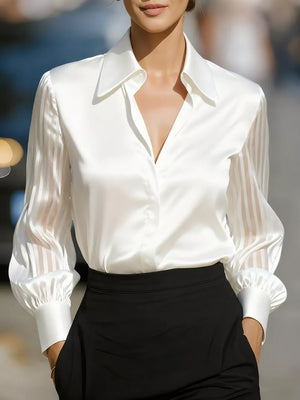 Elegant Shirt With Sheer Striped Sleeves in Scarlet, front view