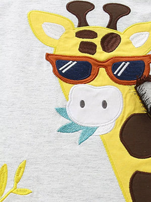 Toddler boys' grey cotton graphic tee with a playful giraffe wearing sunglasses.
