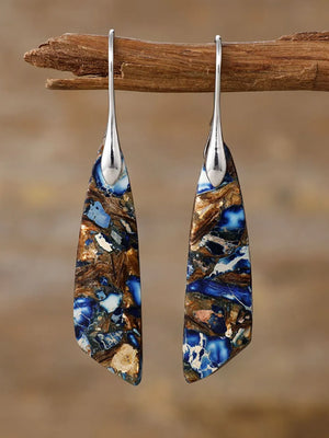 Azure stone teardrop earrings with blue and gold marbling, silver-tone hooks.