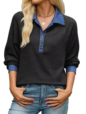 Button Detail Raglan Sleeve Top in Brown