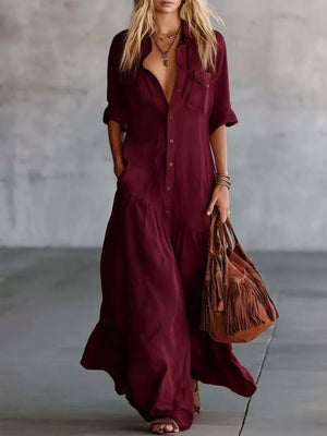 Button Front Roll-up Sleeve Maxi Dress Plus Size in Burgundy, back view
