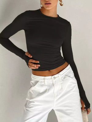 Black long sleeve t-shirt with ruching detail and thumbholes.