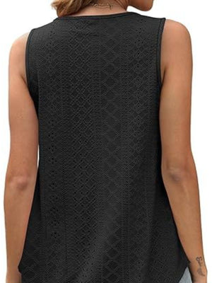 Black eyelet scoop neck tank top with intricate pattern detail