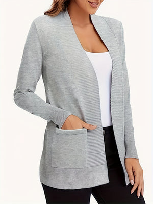 Gray textured knit open-front cardigan with pockets and ribbed details.
