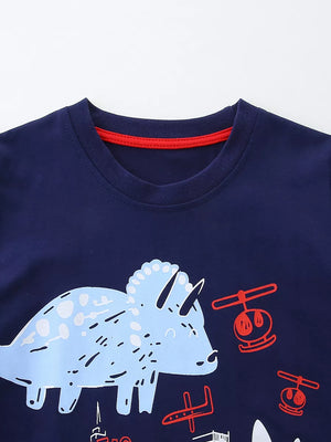 Navy cotton baby tee with light blue dinosaur graphic and red helicopter accents.