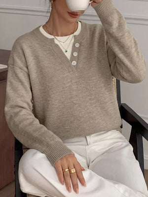 Dropped Shoulder Long Sleeve Sweater in Khaki, side view