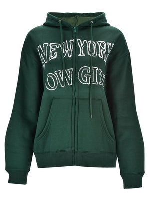 Dark green zip hoodie with white New York graphic, drawstring hood, and front pocket.