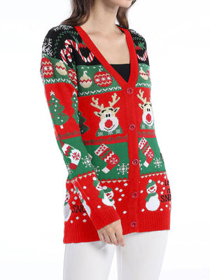 Festive Fair Isle button-up cardigan in red with Christmas motifs, V-neck, long sleeves.
