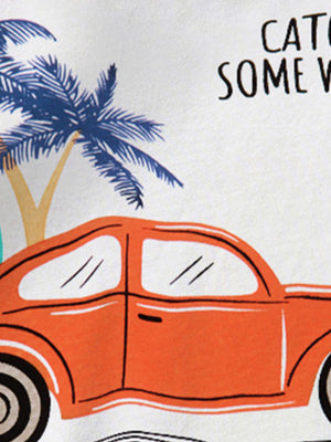 White cotton crew-neck t-shirt with orange car and palm tree graphic and "Catch Some Waves" text.