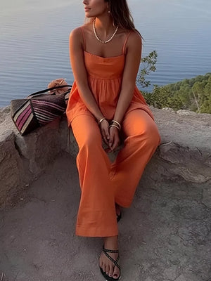 Orange square neck cami and wide-leg pants set with spaghetti straps and a gathered waist.