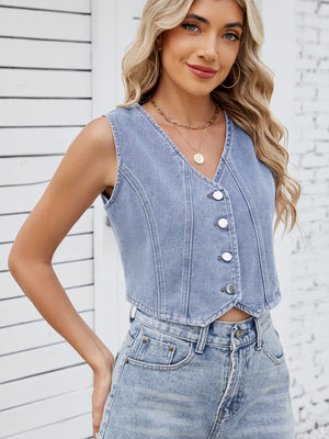 Light wash denim cropped button-up vest with V-neck and silver buttons.