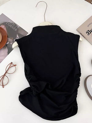 Black textured ruching mock neck tank top with draped detail
