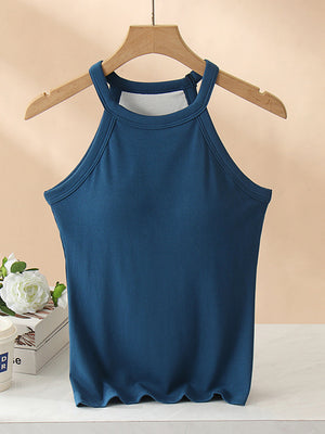 Peacock blue ribbed halter tank top with built-in bra and scalloped hem