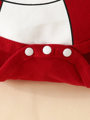 Red baby bodysuit with white snap closure detail and bunny graphic outline.