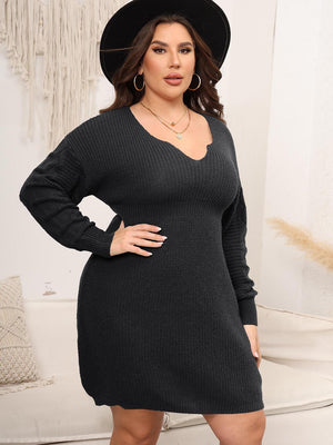 Sculpted knit midi dress in charcoal with a V-neck and long sleeves.