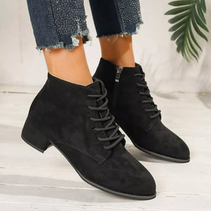 Black suede lace-up ankle boots with block heel and almond toe.