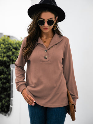 Button Chic Long Sleeve Tee in Dusty Pink with collar and button detail.