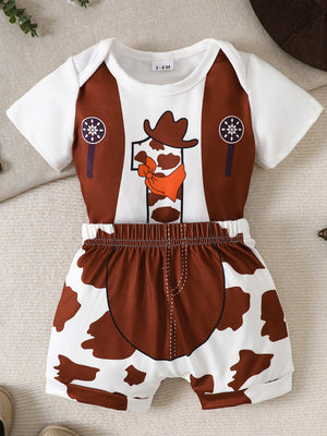 Baby bodysuit and shorts set with cowboy theme, cow print shorts and number 1 graphic.