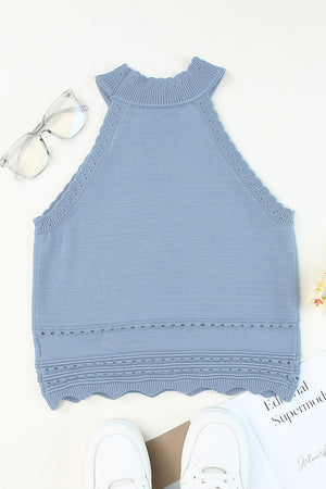 Light blue knit halter tank top with scalloped hem and eyelet details