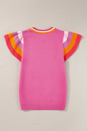 Pink knit top with flutter sleeves and colorblock trim at neckline and sleeves.