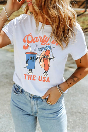 White polyester t-shirt with retro patriotic graphic of a hot dog and drink, "Party in the USA" text.