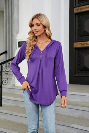 Purple hooded henley top with pleats and gold buttons