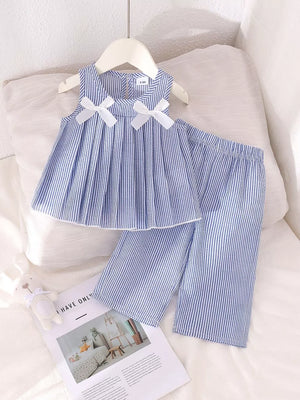 Children's Striped Sleeveless Top And Pants Set in Blue, front view