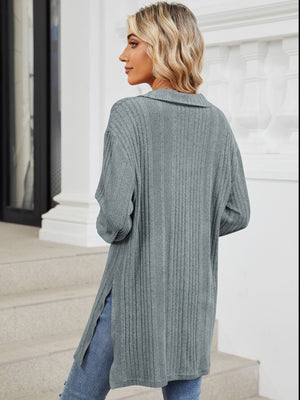 Light Gray ribbed knit collared tunic with slit hem and long sleeves.