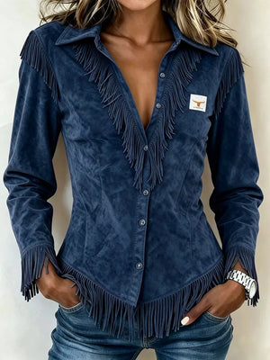 Full Size Fringed Collared Neck Shirt Plus Size in Pink, fit detail