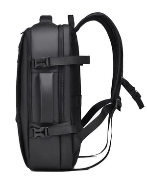 Black convertible commuter backpack with padded straps and compression buckles.
