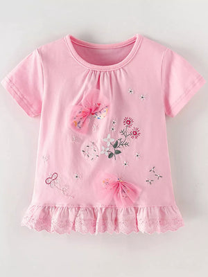 Pink cotton t-shirt with floral embroidery and tulle bows, ruffled lace hem.